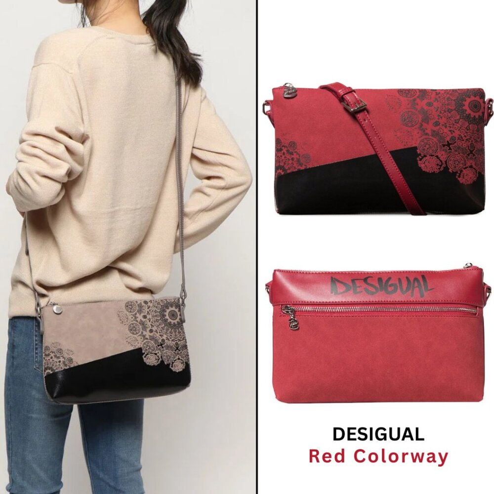 New DESIGUAL Red‎ Black Vegan Leather Shoulder Strap Crossbody Purse Bag Handbag